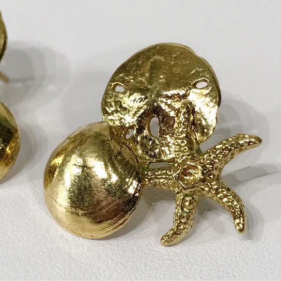 14K Gold Filled Sand Dollar Starfish Clam Shell Cluster Post Stud Earring Signed - Picture 5 of 15